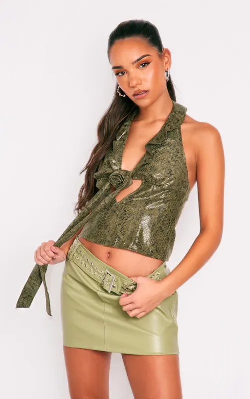 Khaki Snake Faux Suede PU Floral Applique Detail Halter Longline Top sold by Pretty Little Thing