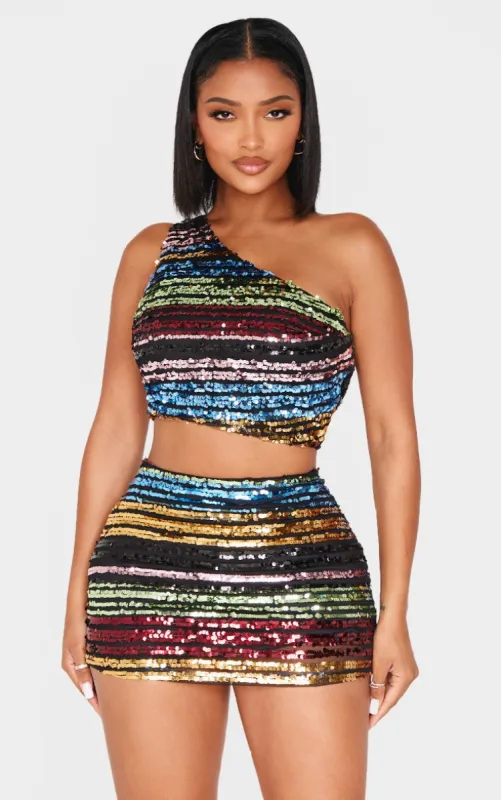 Shape Multi Stripe Sequin One Shoulder Crop Top sold by Pretty Little Thing