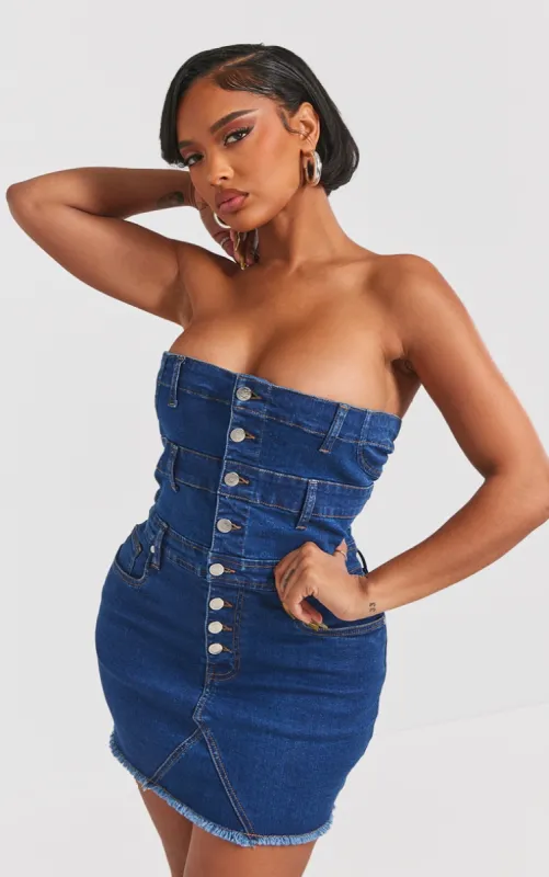 Shape Dark Blue Denim Button Front Bandeau Dress sold by Pretty Little Thing