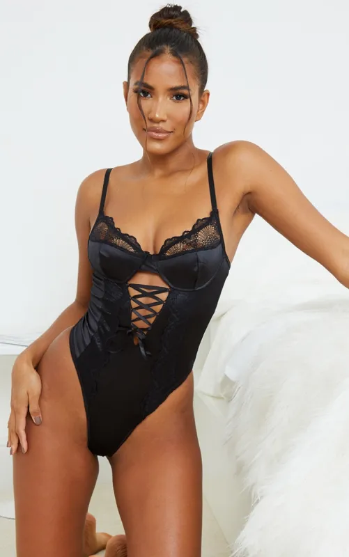 Black Lace Up Lace And Satin Body sold by Pretty Little Thing