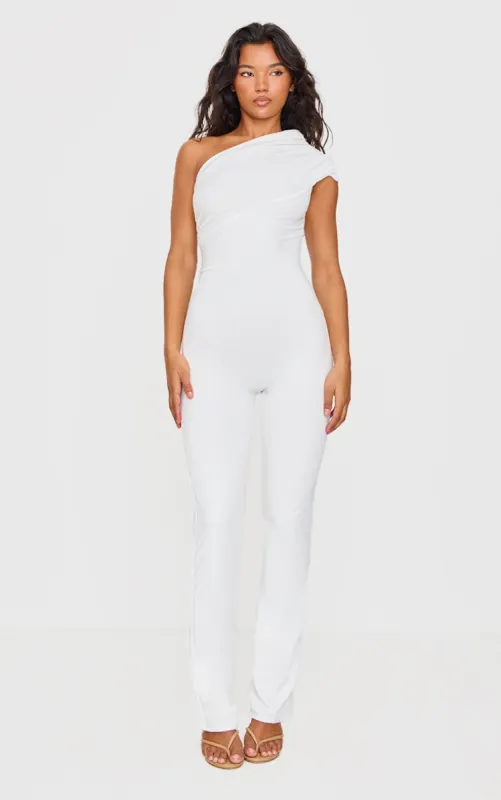Cream Double Layer Contour Jersey Asymmetric Ruched Detail Jumpsuit sold by Pretty Little Thing