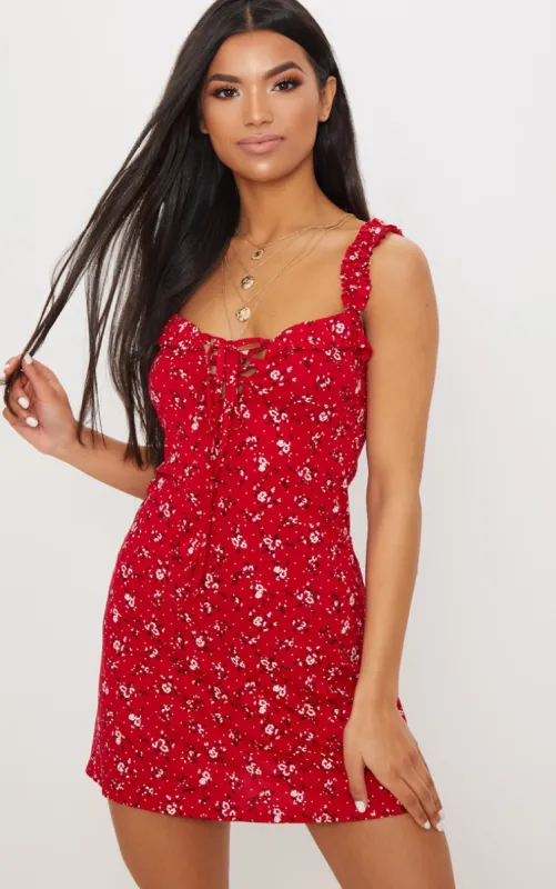 Red Ditsy Floral Frill Detail Shift Dress sold by Pretty Little Thing
