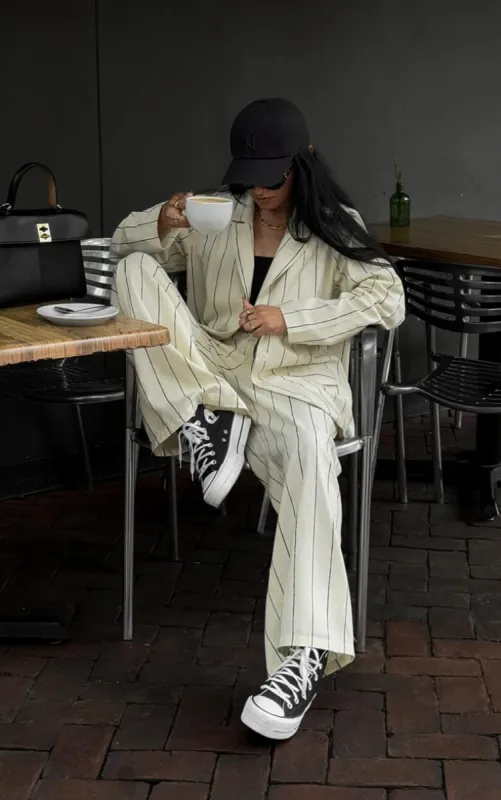 Petite White Stripe Linen Look Blazer sold by Pretty Little Thing
