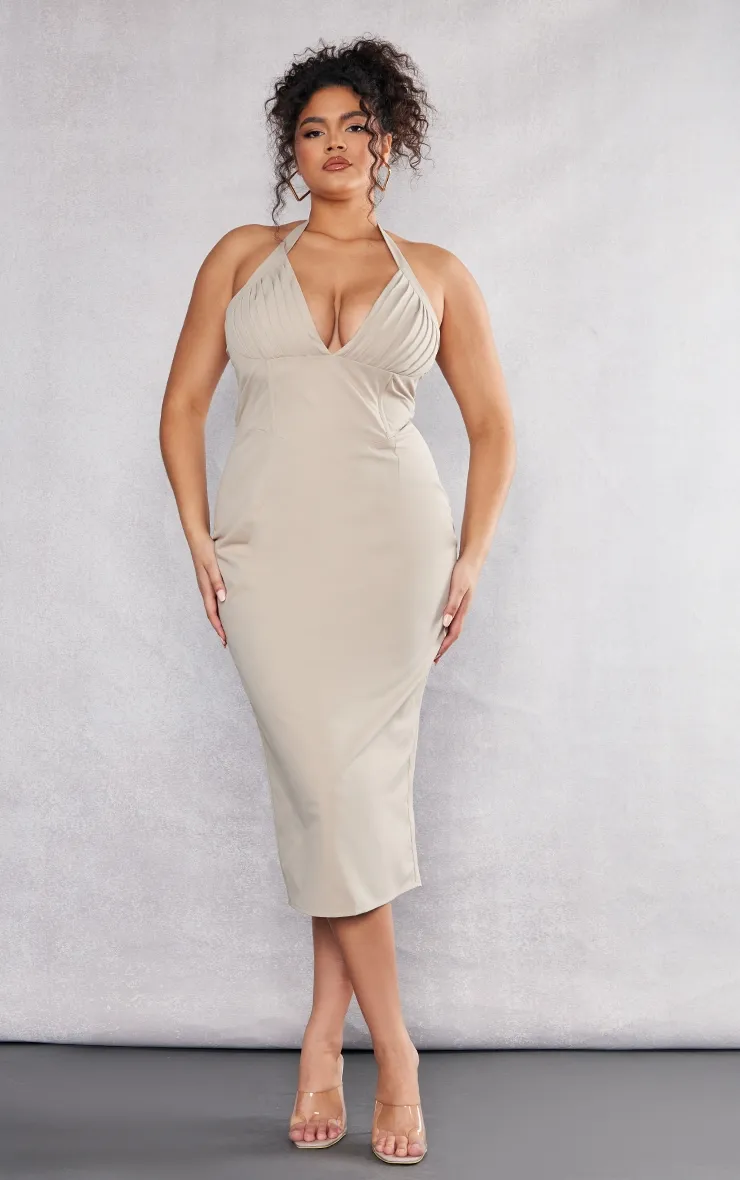 Plus Beige Pleated Bust Midi Dress sold by Pretty Little Thing