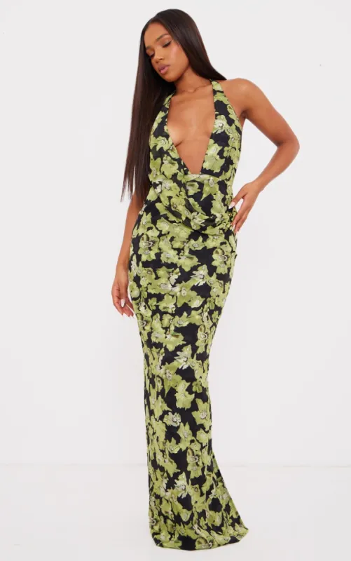 Green Floral Printed Woven Wrap Cowl Neck Maxi Dress sold by Pretty Little Thing