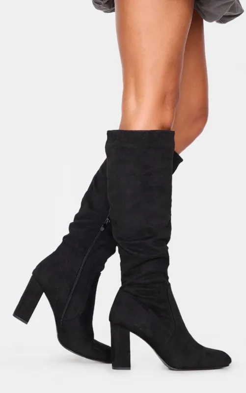 Black Faux Suede Point Toe Ruched High Blocked Heeled Knee Boots sold by Pretty Little Thing