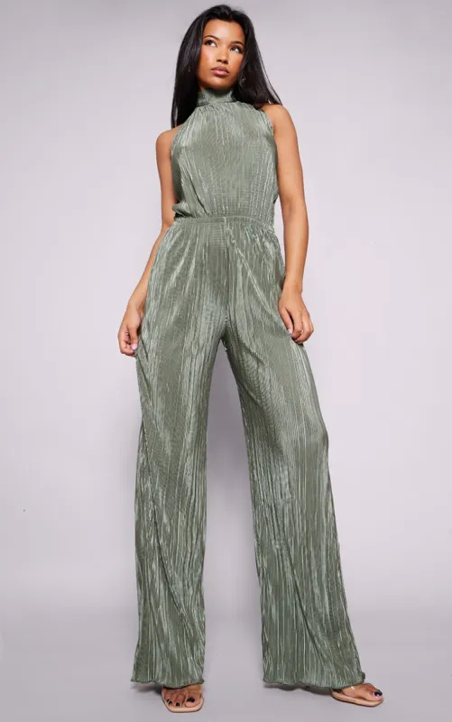 Khaki Plisse High Neck Scoop Back Wide Leg Jumpsuit sold by Pretty Little Thing
