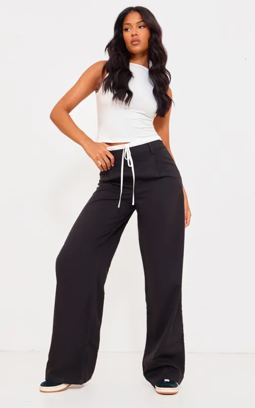 Tall Black Woven Double Waistband Tailored Trousers sold by Pretty Little Thing
