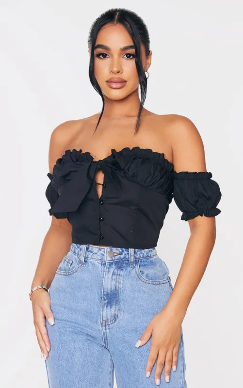 Petite Black Frill Detail Crop Blouse sold by Pretty Little Thing