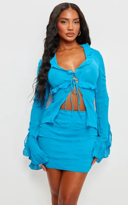 Bright Blue Crinkle Chiffon Tie Detail Flare Sleeve Bodycon Dress sold by Pretty Little Thing