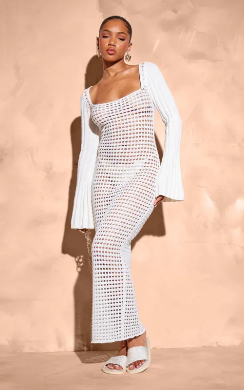 Cream Open Crochet Scoop Back Maxi Dress sold by Pretty Little Thing