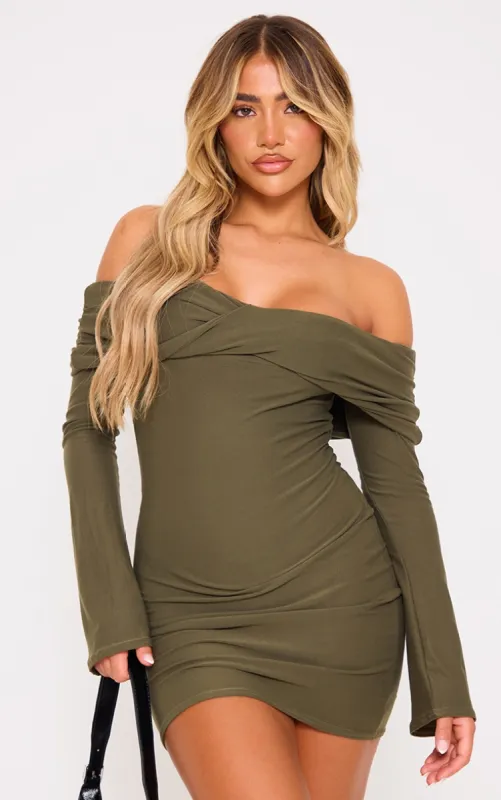 Khaki Soft Touch Twist Bardot Bodycon Dress sold by Pretty Little Thing