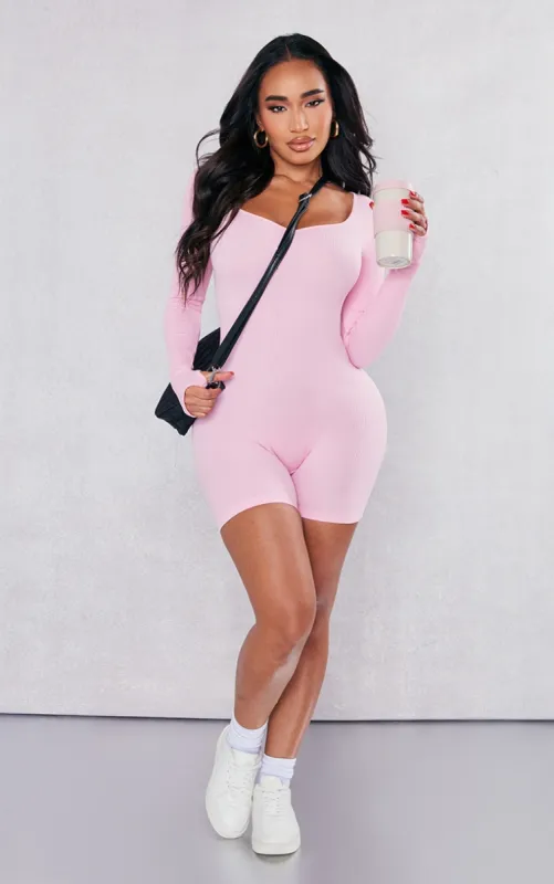 Shape Light Pink Contour Ribbed Long Sleeve Unitard sold by Pretty Little Thing