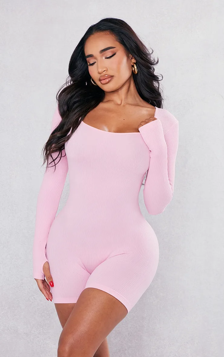 Shape Light Pink Contour Ribbed Long Sleeve Unitard sold by Pretty Little Thing product image thumbnail 3