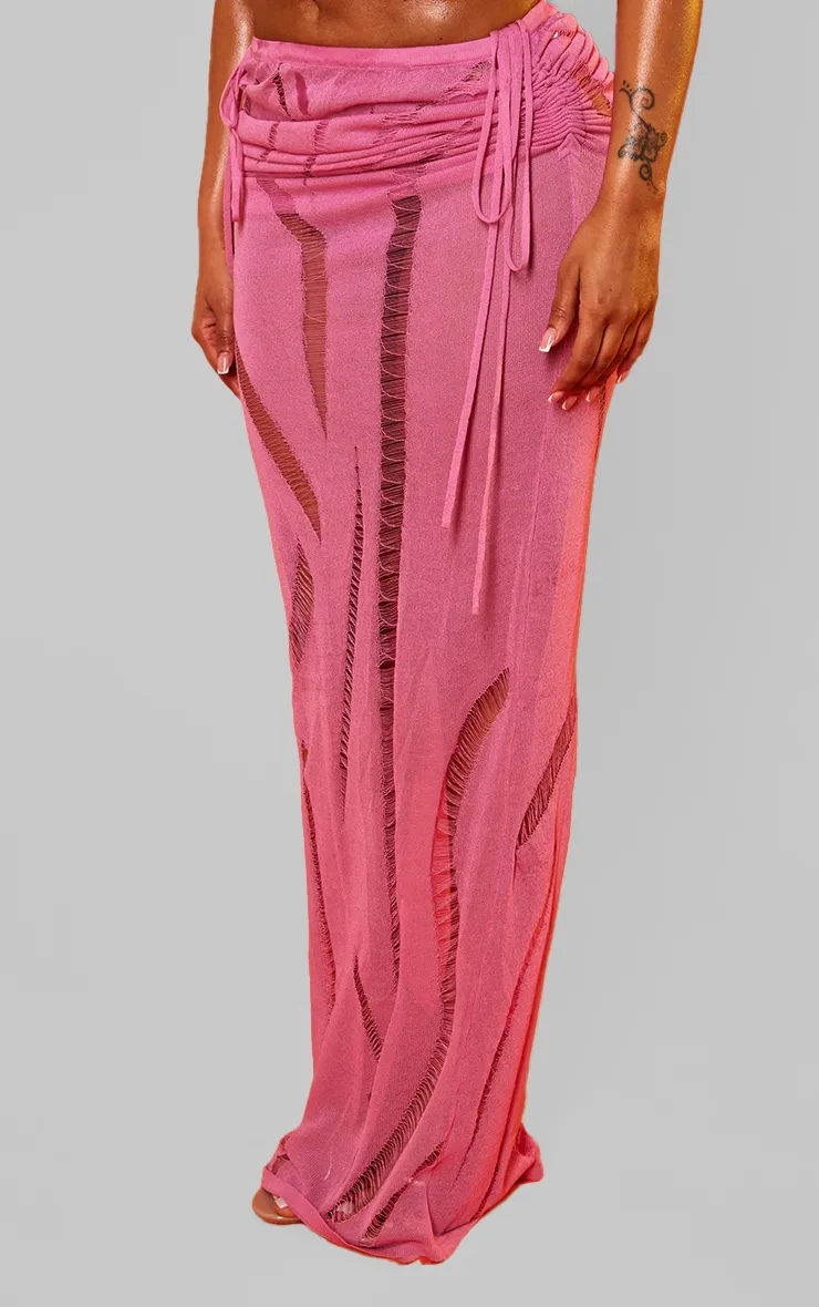 Shape Bright Pink Knit Ladder Detailed Low Rise Ruched Side Maxi Skirt sold by Pretty Little Thing product image thumbnail 2