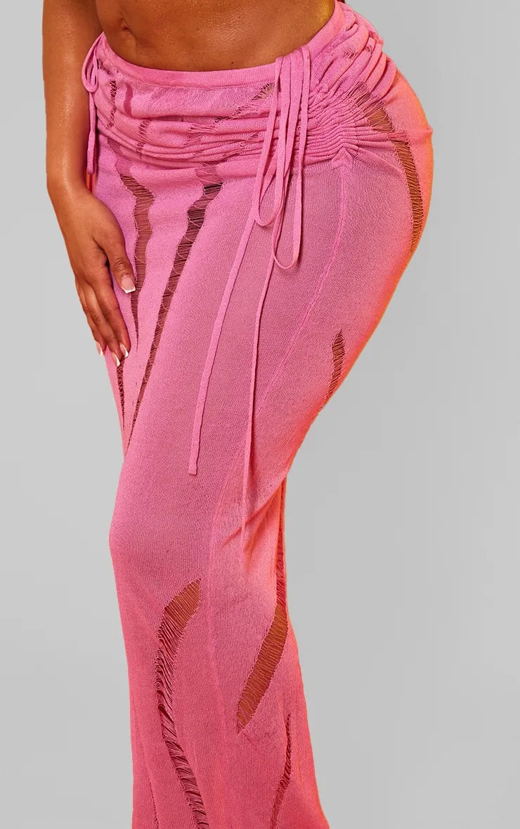 Shape Bright Pink Knit Ladder Detailed Low Rise Ruched Side Maxi Skirt sold by Pretty Little Thing product image thumbnail 4