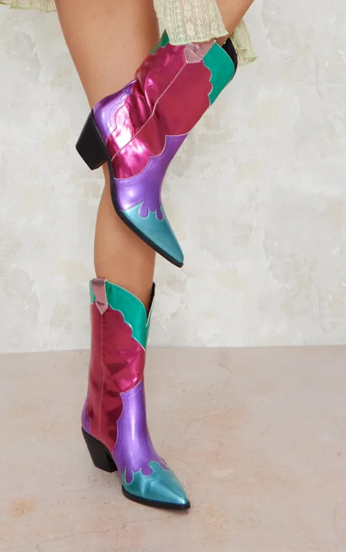 Multi Faux Leather Bright Metallic Block Heeled Western Calf Boots sold by Pretty Little Thing