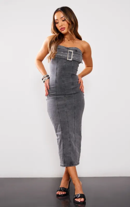 Petite Charcoal Grey Buckle Bandeau Denim Midaxi Dress sold by Pretty Little Thing