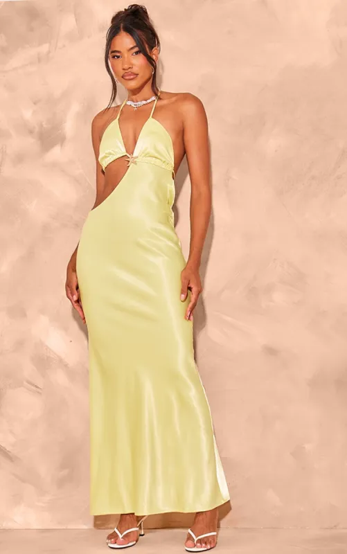 Lemon Satin Cut Out Halter Neck Maxi Dress sold by Pretty Little Thing