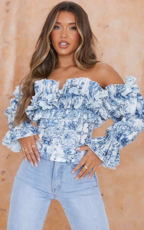Blue  Porcelain Print Ruffle Hem Off Shoulder Long Sleeve Blouse sold by Pretty Little Thing