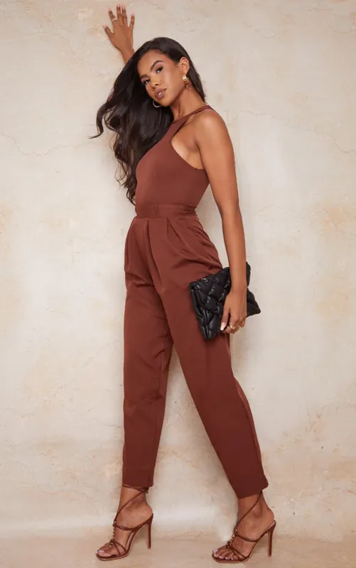 Chocolate Racer Back Pocket Detail Jumpsuit sold by Pretty Little Thing