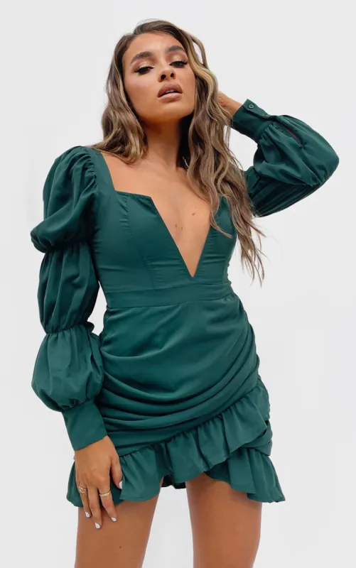 Emerald Green Plunge Detail Tiered Sleeve Frill Hem Bodycon Dress sold by Pretty Little Thing