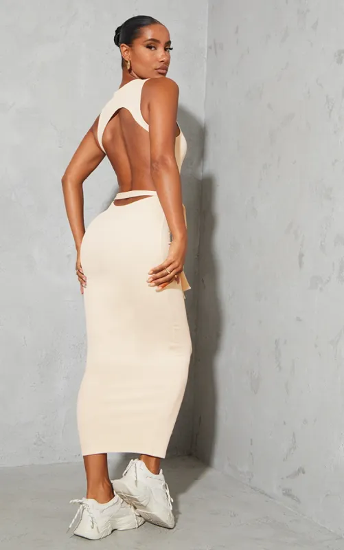 Stone Rib Cut Out Back Detail Tie Waist Midaxi Dress sold by Pretty Little Thing