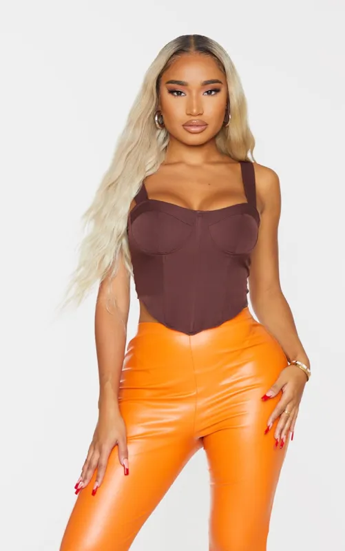 Shape Chocolate Brown Woven Corset Crop Top sold by Pretty Little Thing