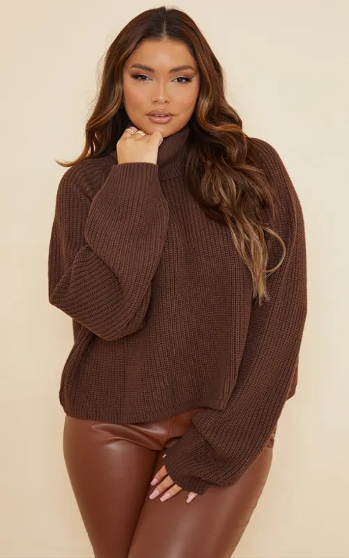 Plus Chocolate Knitted Roll Neck Jumper sold by Pretty Little Thing