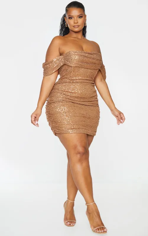Plus Mocha Sequin Bardot Bodycon Dress sold by Pretty Little Thing