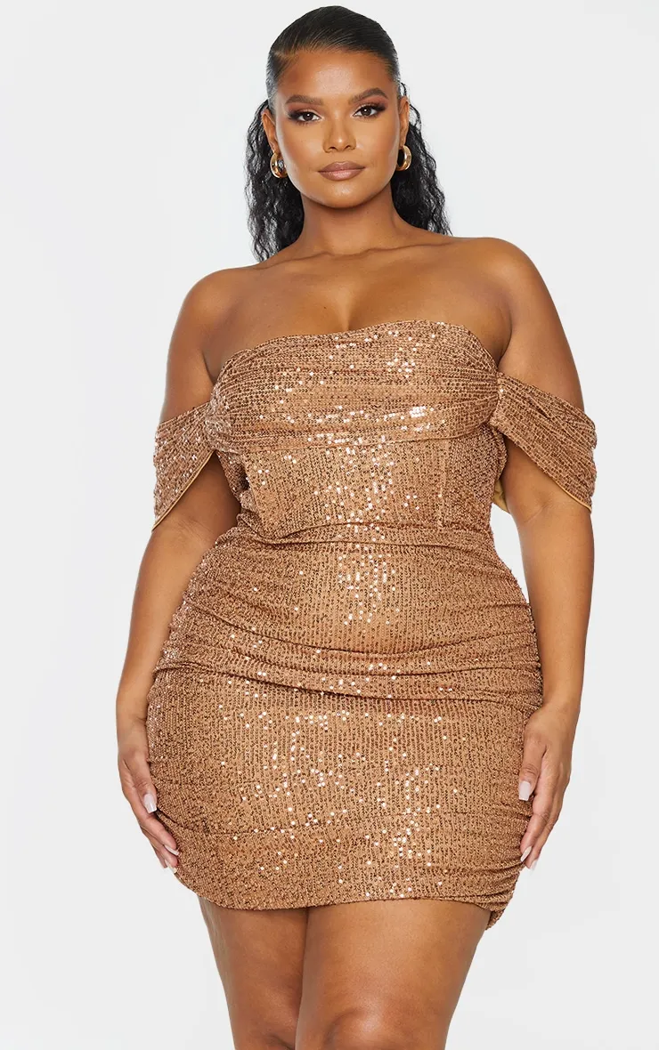 Plus Mocha Sequin Bardot Bodycon Dress sold by Pretty Little Thing product image thumbnail 3