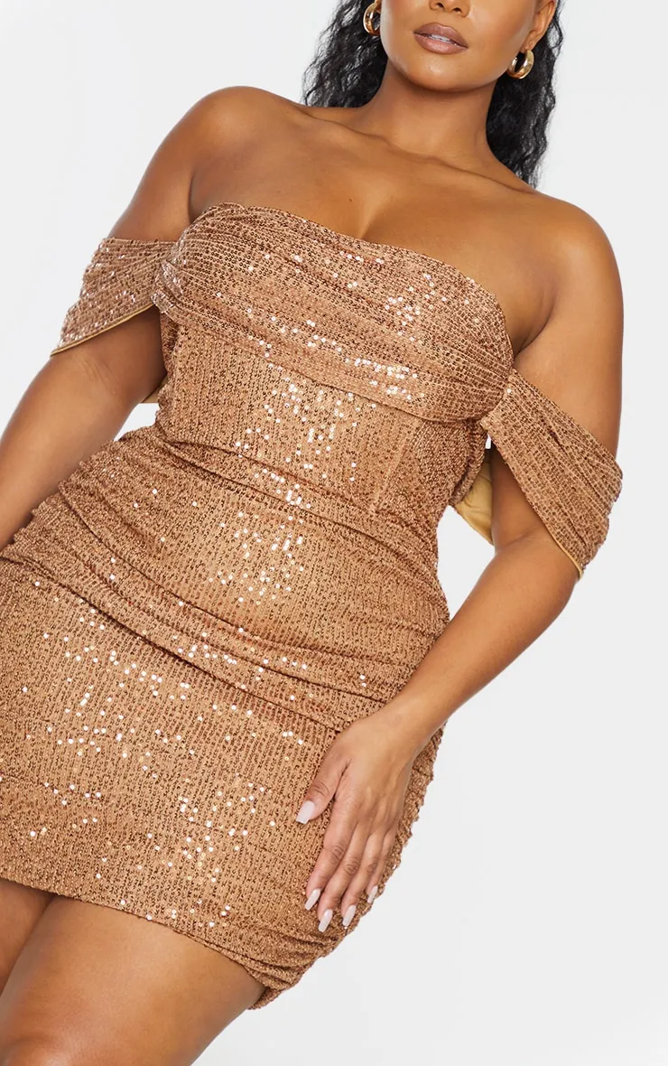 Plus Mocha Sequin Bardot Bodycon Dress sold by Pretty Little Thing product image thumbnail 4