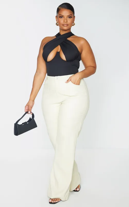 Plus Black Woven Cross Front Underwired Bodysuit sold by Pretty Little Thing