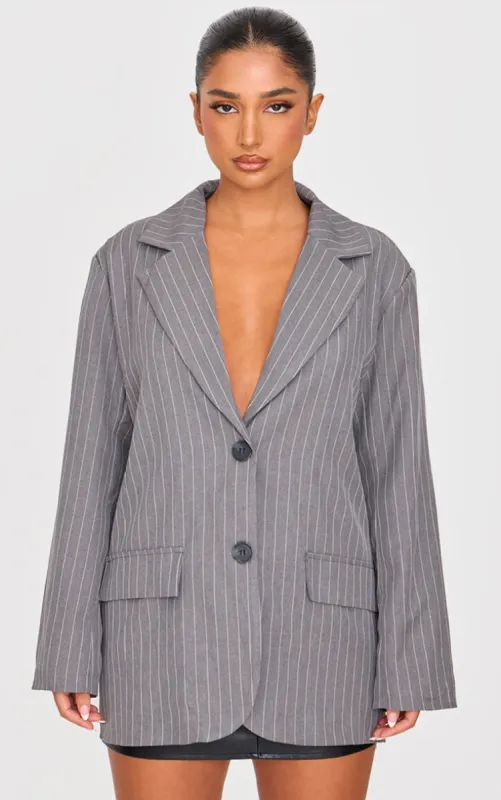 Petite Dark Grey Pinstripe Oversized Blazer sold by Pretty Little Thing