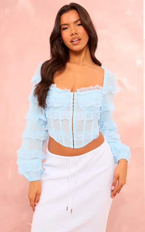 Blue Textured Woven Lace Frill Corset Top sold by Pretty Little Thing