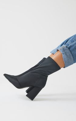 Black Wide Fit Stretch Block Heel Point Toe Sock Boot sold by Pretty Little Thing
