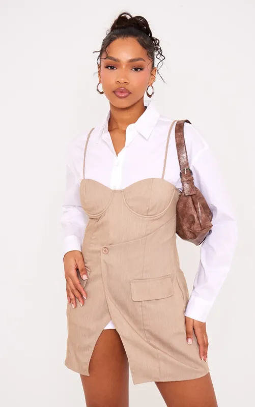 Mocha Woven Tailored Pocket Detail Wrap Front Mini Dress made by Pretty Little Thing