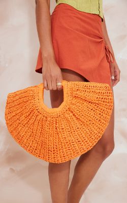  Bright Orange Raffia Curved Handbag sold by Pretty Little Thing