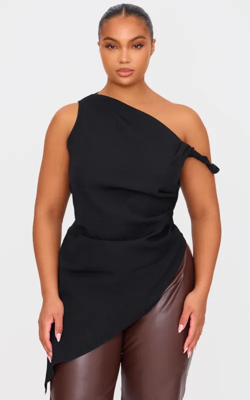 Plus Black Woven Asymmetric Hem Ruched Long Top sold by Pretty Little Thing