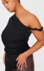 Plus Black Woven Asymmetric Hem Ruched Long Top sold by Pretty Little Thing