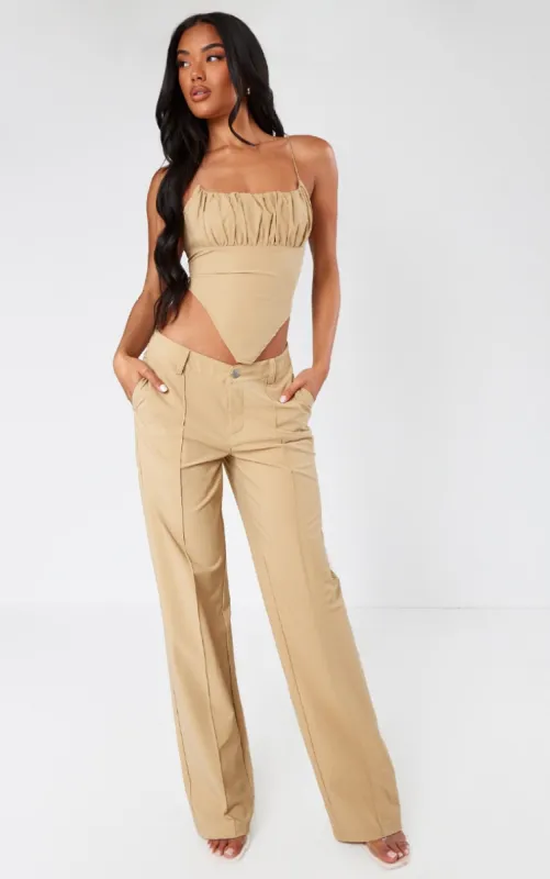 Olive Tailored Woven Straight Leg Seamed Detail Trousers sold by Pretty Little Thing