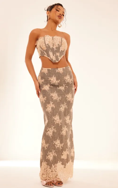 Grey Contrast Lace Detail Maxi Skirt sold by Pretty Little Thing