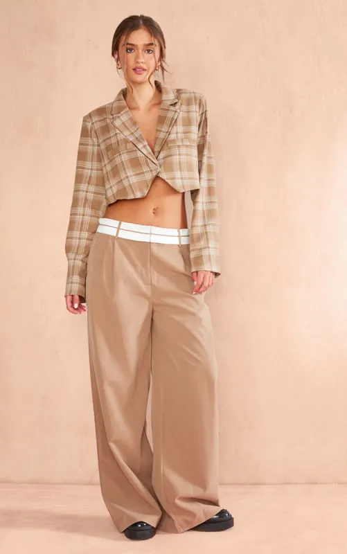 Sand Check Asymmetric Hem Boxy Crop Blazer sold by Pretty Little Thing
