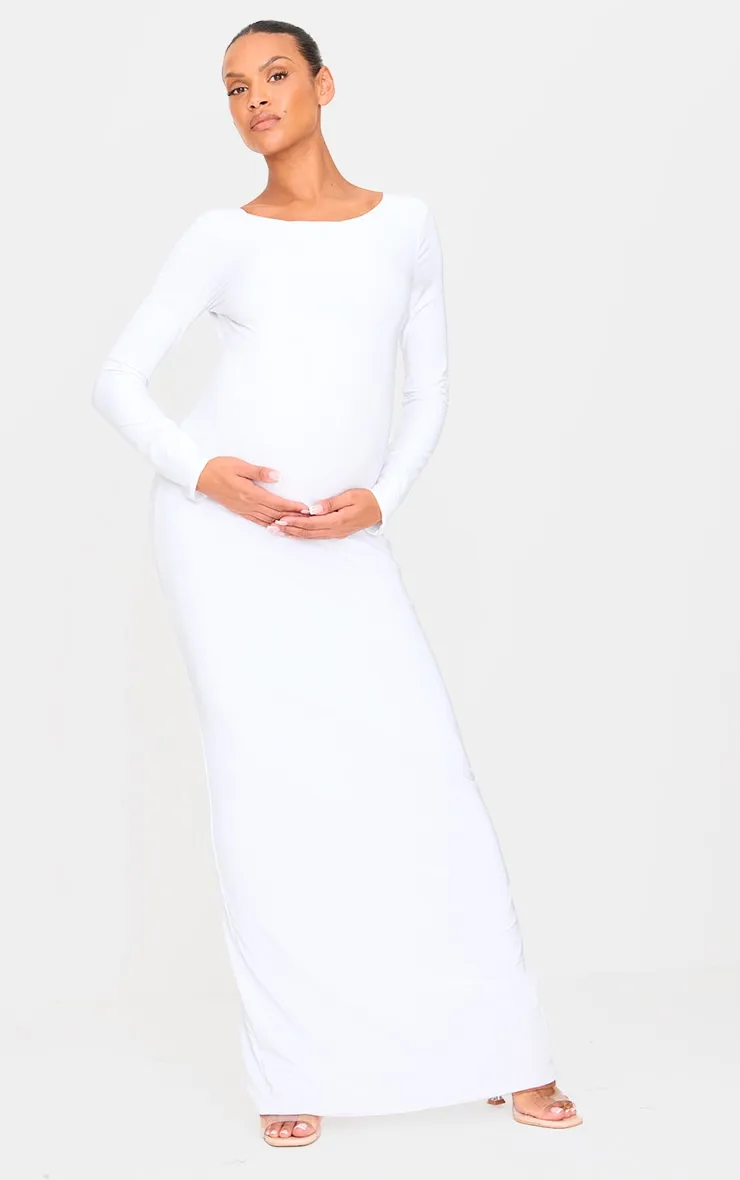 Maternity White Slinky Long Sleeve Open Back Maxi Dress sold by Pretty Little Thing product image thumbnail 3