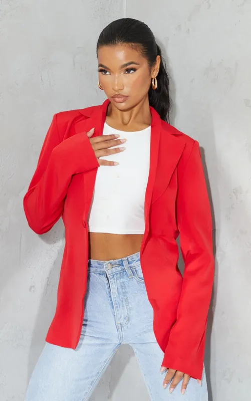 Red Woven Cinched Curve Hem Blazer sold by Pretty Little Thing