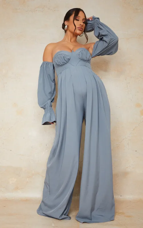 Maternity Blue Corset Detail Bardot Wide Leg Jumpsuit sold by Pretty Little Thing
