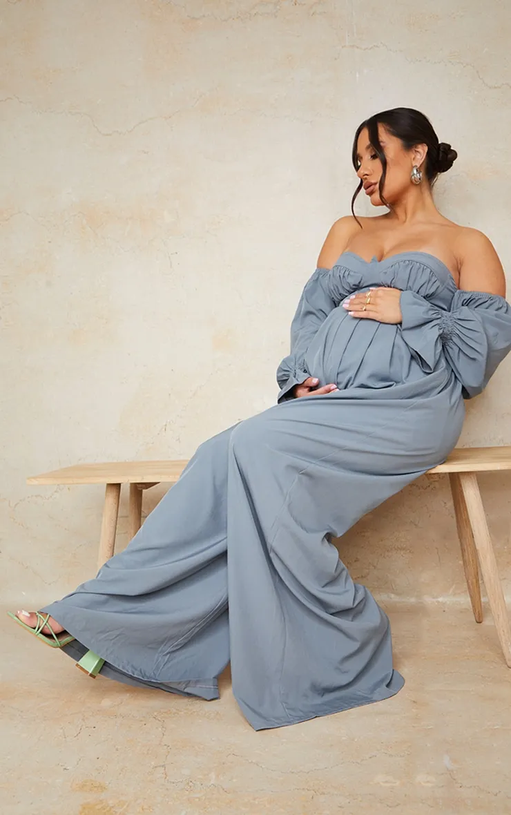 Maternity Blue Corset Detail Bardot Wide Leg Jumpsuit sold by Pretty Little Thing product image thumbnail 3