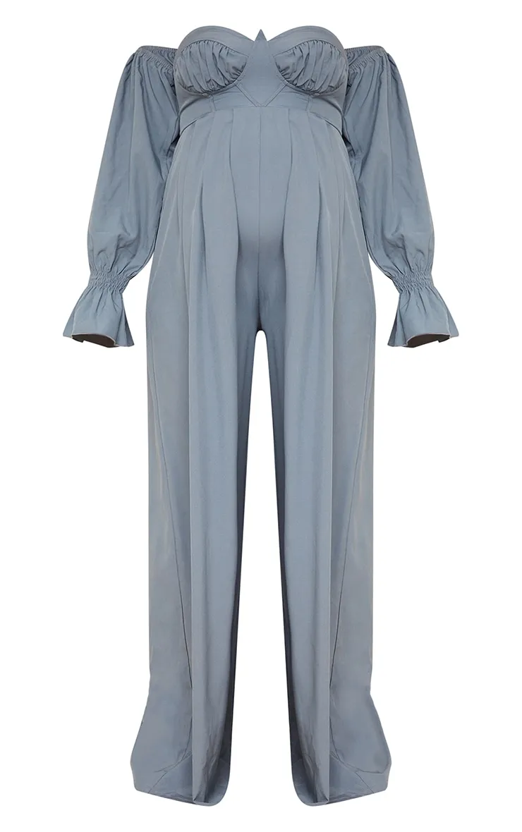 Maternity Blue Corset Detail Bardot Wide Leg Jumpsuit sold by Pretty Little Thing product image thumbnail 5