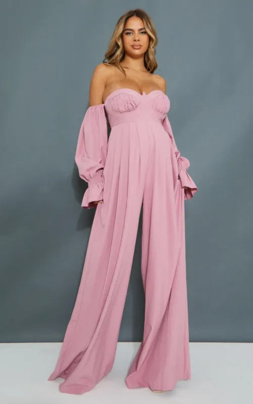 Maternity Pink Corset Detail Bardot Wide Leg Jumpsuit sold by Pretty Little Thing