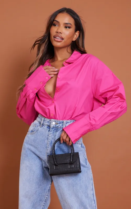 Hot Pink Poplin Oversized Cuff Shirt sold by Pretty Little Thing